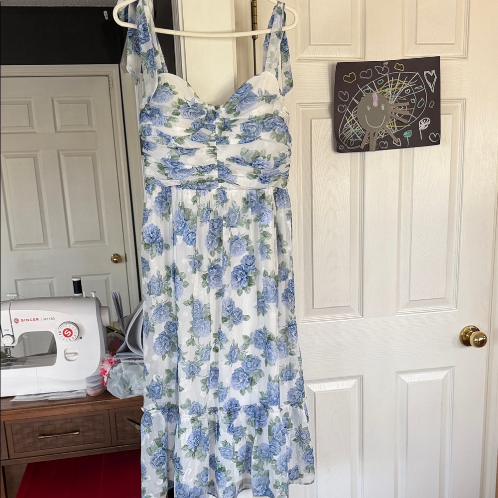 BCX White Maxi Dress with Blue Floral Print